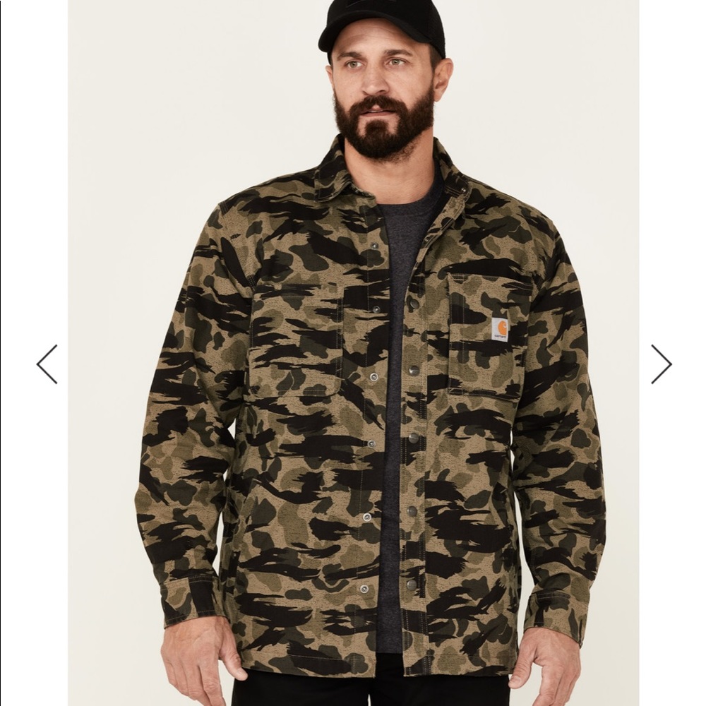Carhartt mens camo rugged flex fleece snap front shirt jacket. Size Large. NWT